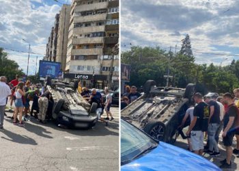 Mașină răsturnată într-o intersecție din Timișoara! S-a lăsat cu răniți!