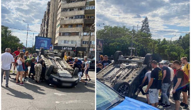 Mașină răsturnată într-o intersecție din Timișoara! S-a lăsat cu răniți!