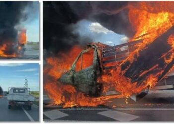 Mașină în flăcări pe șoseaua de centură