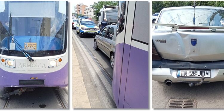 Mașină lovită din spate de un tramvai. Tânăra rănită.