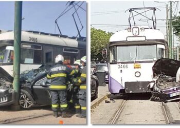 Mașină în tramvai la Timișoara. Șofer rănit în accident.