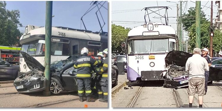 Mașină în tramvai la Timișoara. Șofer rănit în accident.