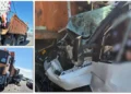 Cabina tirului s-a făcut muci, după ce șoferul s-a izbit cu o viteză amețitoare în basculantă!